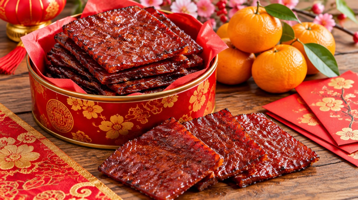 Square slices of bak kwa in a red Chinese New Year tin