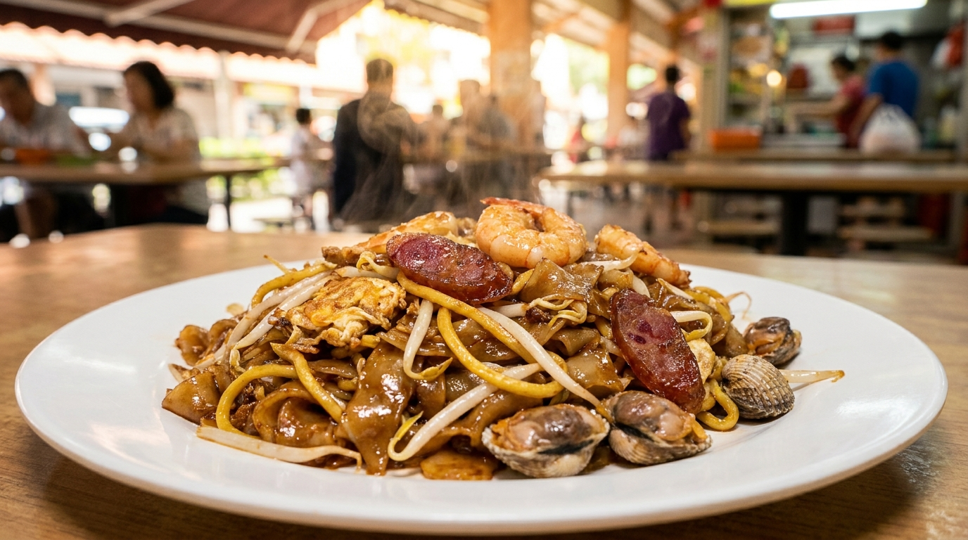 Char kway teow wok-fried flat rice noodles Singapore calorie breakdown