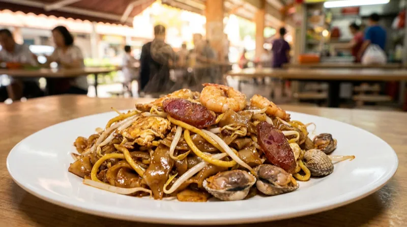 Char kway teow — Singapore flat rice noodles stir-fried in a wok with dark soy sauce