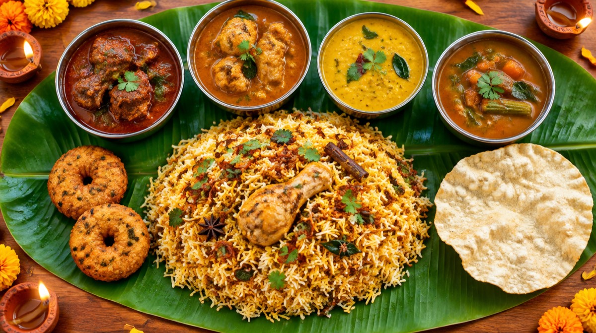 Deepavali open-house savoury meal on a banana leaf: chicken briyani, mutton curry, chicken curry, dhal, sambar, vadai and papadum, with diya lamps