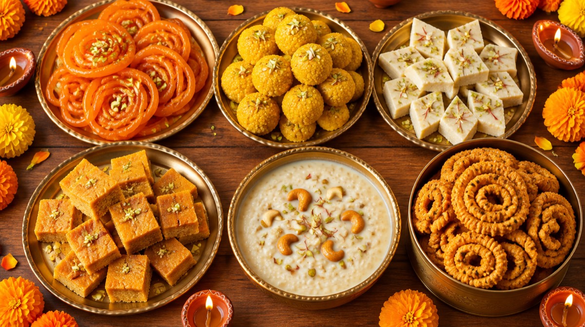 Deepavali sweets on brass plates: jalebi, laddu, barfi, mysore pak, rice kheer and murukku