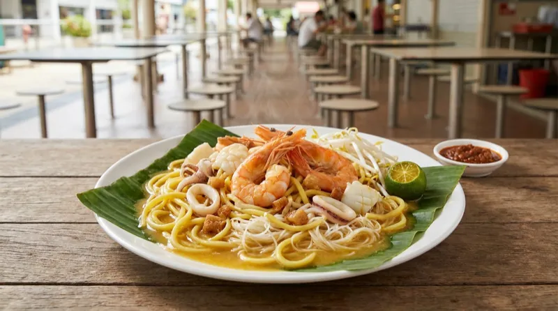 Singapore Hokkien Prawn Mee — yellow noodles and thick vermicelli stir-fried with prawns and cuttlefish in prawn stock