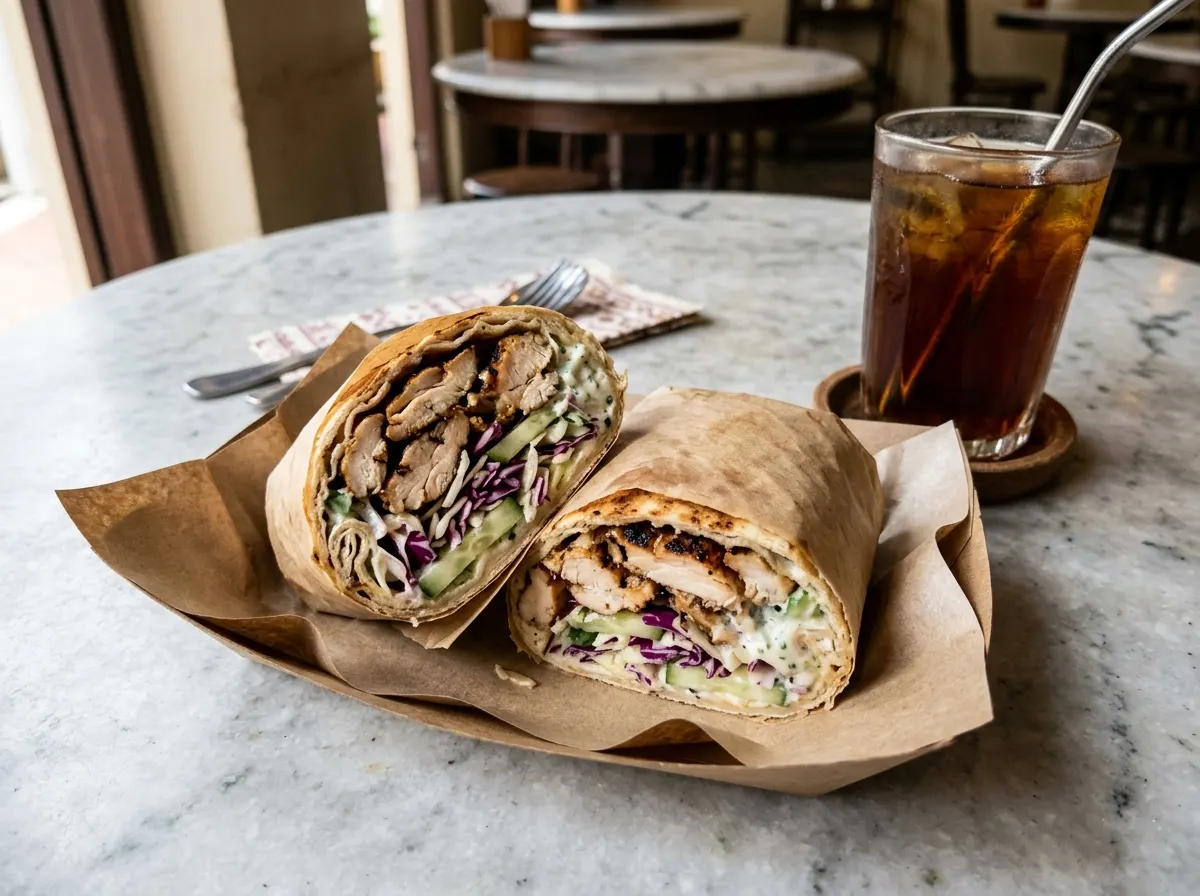 Freshly rolled kebab wrap sliced in half displaying savory meat and vegetable filling at a Singapore counter