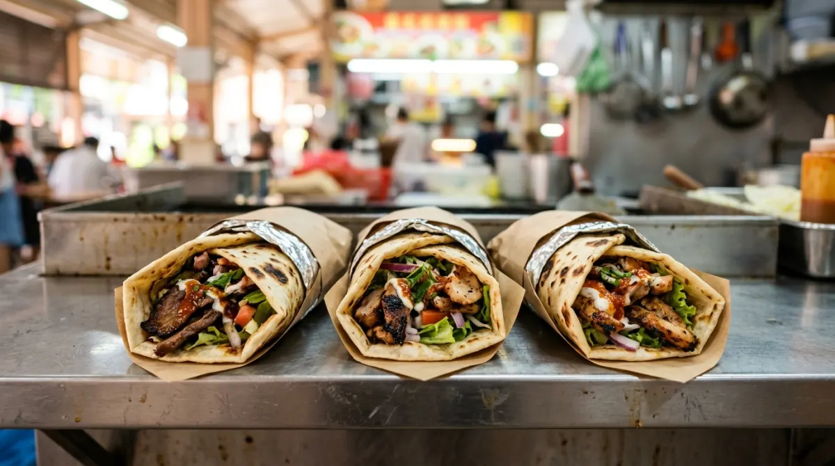 Singapore kebab wraps featuring chicken, beef, and mutton fillings