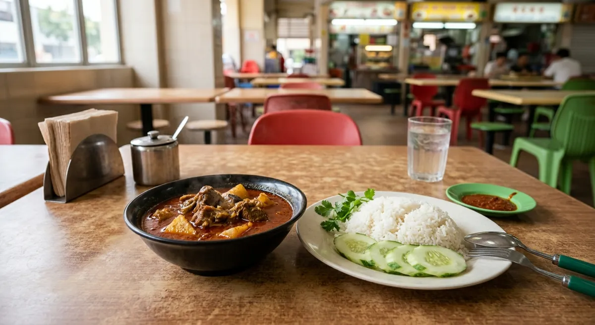 Mutton curry served with plain rice on a kopitiam table