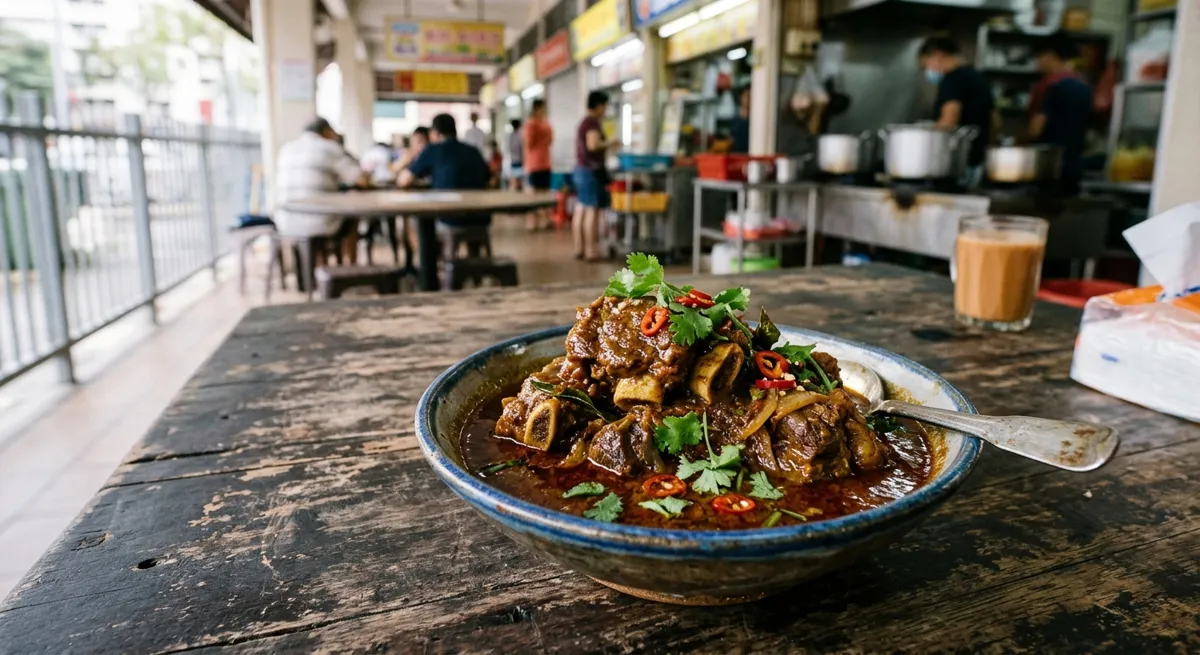 Bowl of Singapore-style mutton curry with gravy at a hawker stall